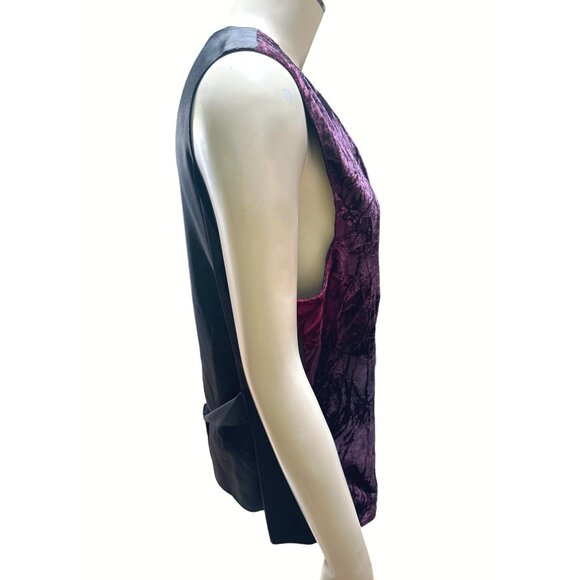 Clio Velvet Satin Sleeveless Vest Button Front Black Purple Size M - Picture 4 of 9